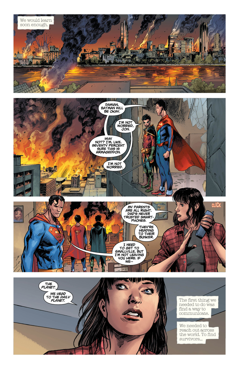 Superboy, Robin, Superman, and Lois Lane surveying the destruction that’s unfolding.